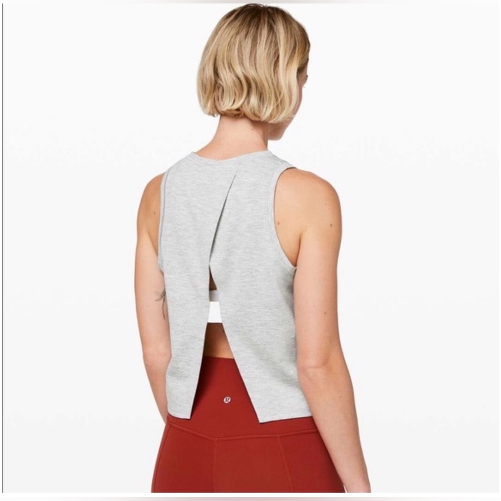Lululemon Minimal Tank open crossover cropped tank in heathered gray and white
